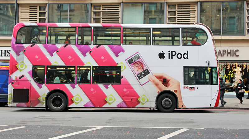 This iPod advertisement shows that one size now incorporates video and, by the simple addition of a human hand, that all three are conveniently small, as well as attractively designed.